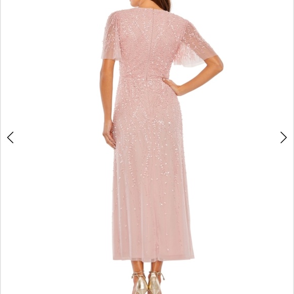 NWT Mac Duggal 35116 8 Pink Wrap Over 8 Flutter Sleeves Midi Beaded Dress Gown - Picture 9 of 10